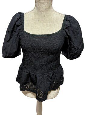 Smocked Peplum Top Black Puff Sleeve Cottagecore Boho Babydoll Renaissance M